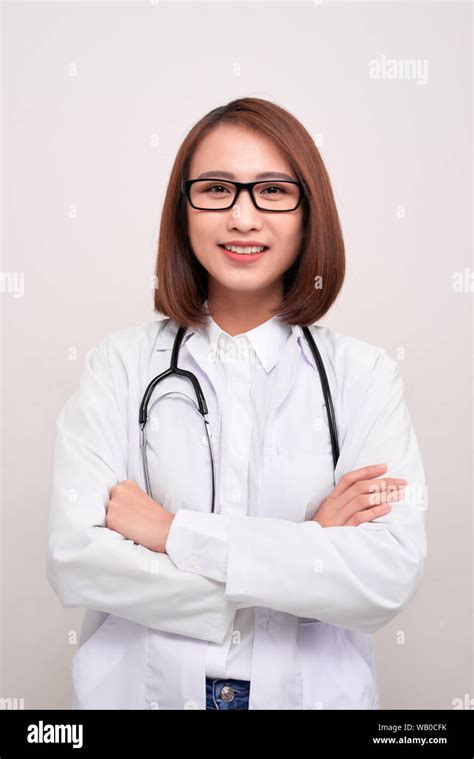 Cheerful Happy Doctor With Crossed Hands On White Background Stock