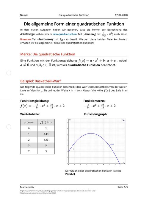 Grafisches losen von quadratischen gleichungen kapiert de. Arbeitsblatt - Die quadratische Funktion - Mathematik ...