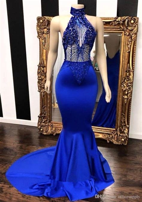 Sexy Royal Blue Prom Dresses 2019 Keyhole Neck Appliques Beads Long