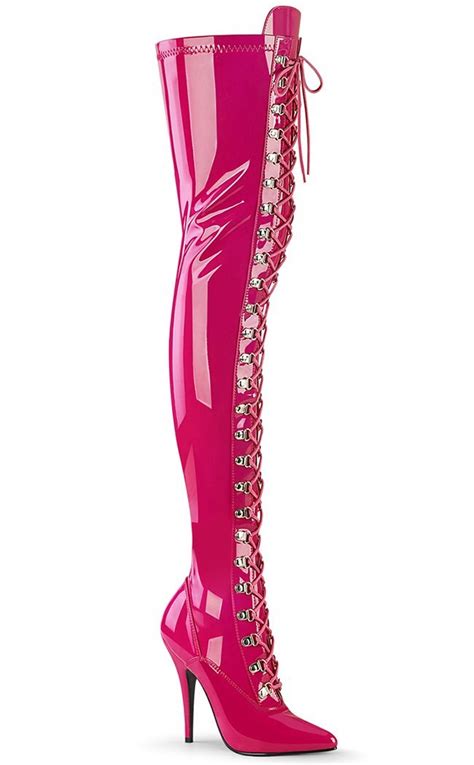 Pleaser Australia Seduce 3024 Patent Hot Pink Thigh High Heel Boots