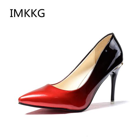 Spring Autumn Woman Dress Shoes Red Black Gradient Color Supper High Heels Shoes Women Patent