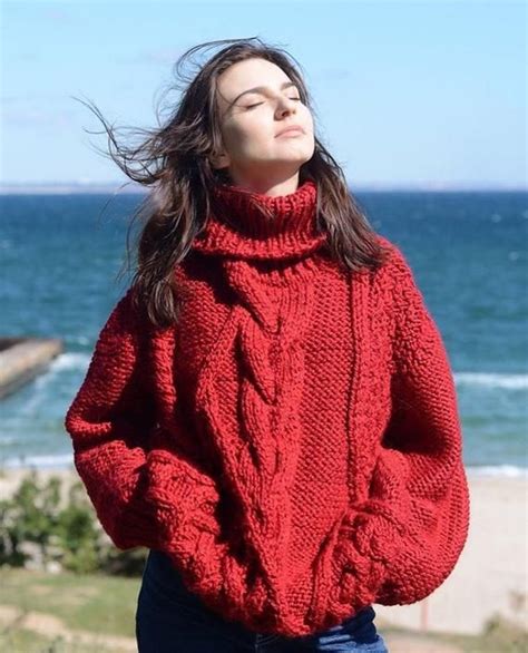 Oversized Red Wool Sweater For Women Hand Knit Wool Sweater Cable