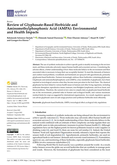 Pdf Review Of Glyphosate Based Herbicide And Aminomethylphosphonic