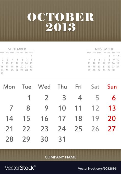 October 2013 Calendar Design Royalty Free Vector Image