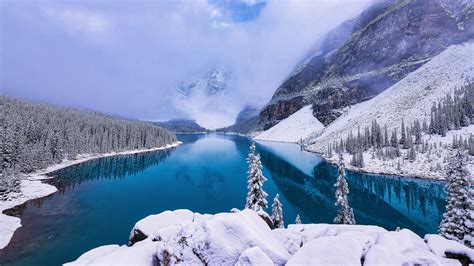 Lake Between Mountain Covered With Snow During Winter Hd Winter