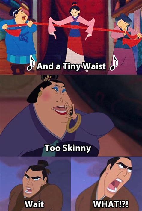 Mulan And Her Tiny Waist Problem Disney Funny Funny Disney Memes Funny Disney Jokes