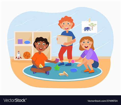 Little Happy Kids Are Helping To Pick Up Toys Vector Image
