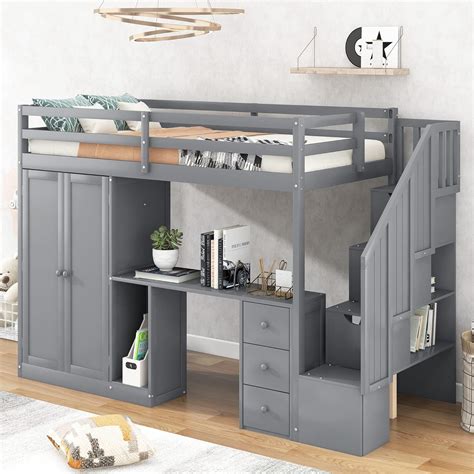 buy modern twin size loft bed with wardrobe and staircase solid woods loft bed frame with