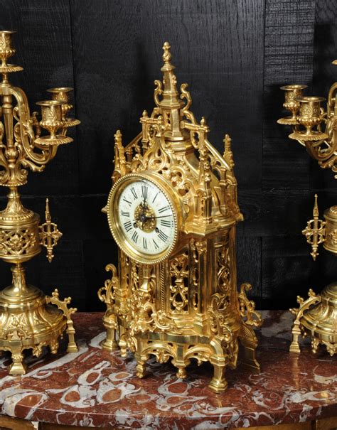 Japy Freres Gilt Bronze Gothic Clock Set