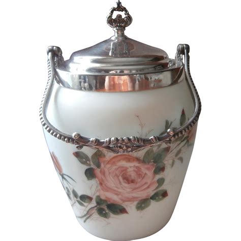 Victorian Biscuit Jar Hand Painted Glass Roses Silver Van Bergh Antique | Biscuit jar, Jar ...