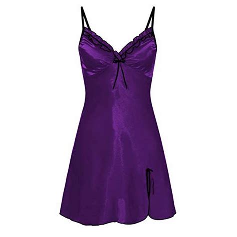 Women Sexy Silk Satin Lace V Neck Nightgown