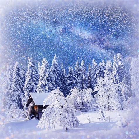 Traumhafte Winterlandschaft Hütte Unter Dem Sternenhimmel Hintergrund