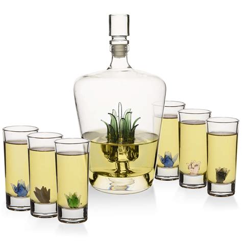 Buy Tequila Glasses And Decanter Set With Handblown Agave Design