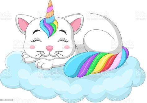 Cartoon Cute Unicorn Cat Sleeping On Rainbow Cloud Stock Illustration