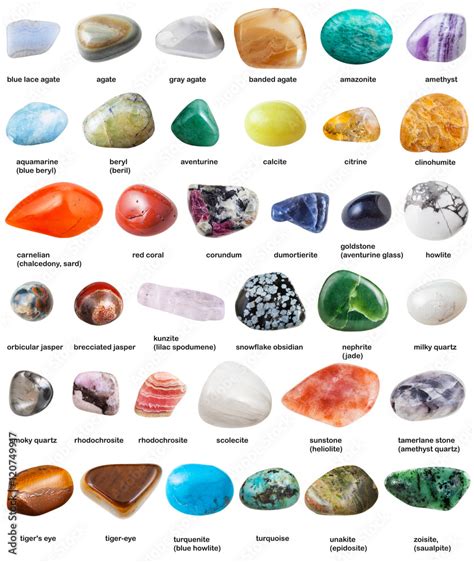 Various Tumbled Gemstones With Names Isolated Stock Photo Adobe Stock