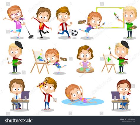 Cartoon Cute Children Busy Different Activities Vetor Stock Livre De