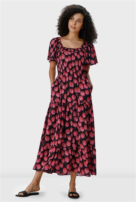 Shop Smocked Floral Print Crepe Tiered Maxi Dress Eshakti