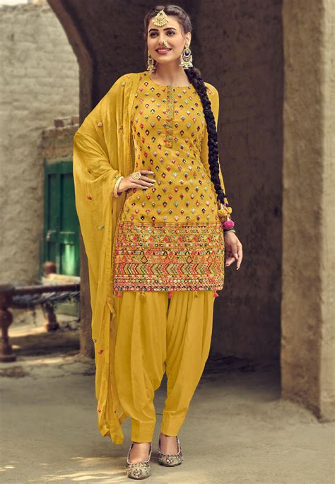 Buy Embroidered Georgette Punjabi Suit In Mustard Online Kch6196
