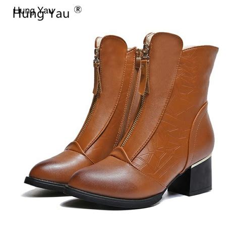 Hung Yau Autumn Women Zipper Ankle Boots High Quality Solid Ladies Shoes Grainy Leather Fashion
