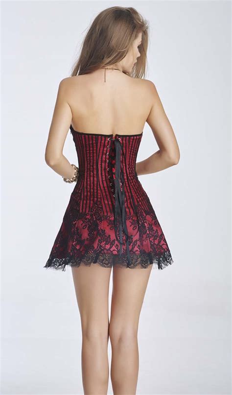 Gothic Sexy Red Strapless Stripe Lace Corset Dress N11196