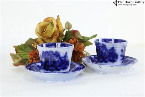 Victorian English Flow Blue Antique China Cup And Saucer Pair Scinde