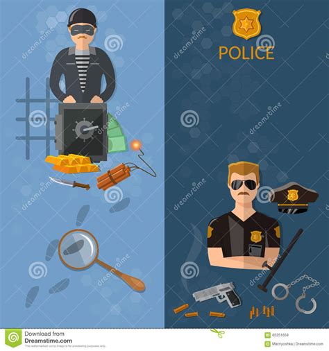 Crime And Punishment Banners Thief And Policeman Stock Vector Illustration Of Handcuffs