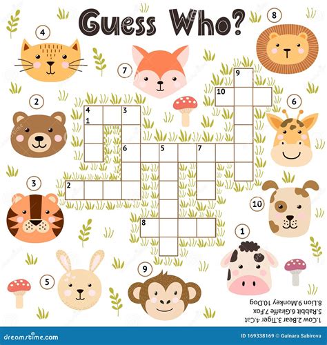 Crossword Game for Kids. Guess Who Activity with Funny Animals