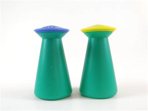 Vintage atomic era salt and pepper shakers on plastic stand. Tupperware Salt and Pepper Shakers Teal Blue Yellow ...