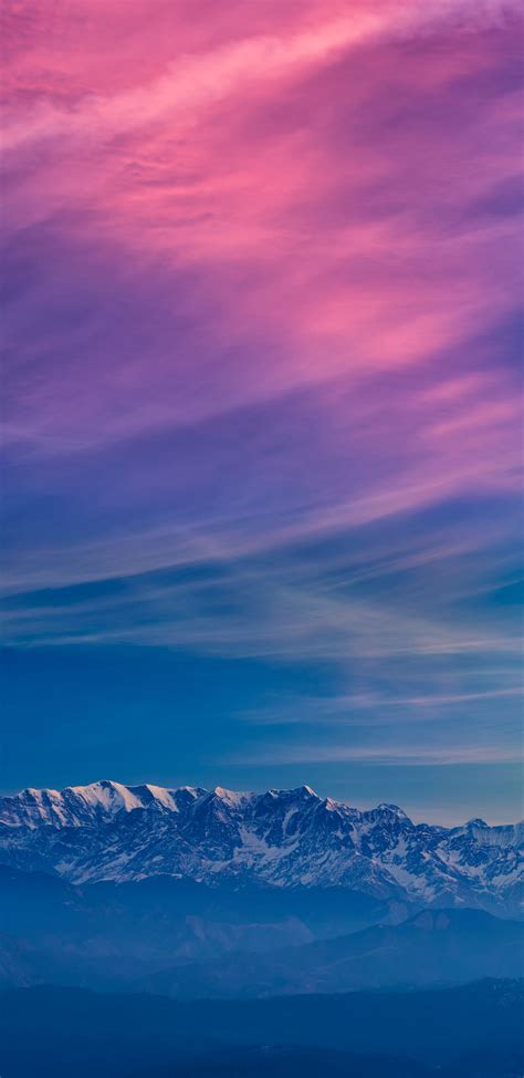 Download Wallpaper 1440x2960 Horizon Blue Sky Mountains Fog Sunset