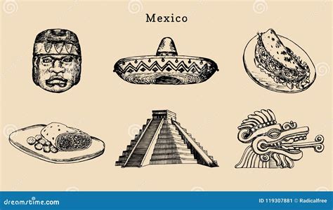 Drawn Set Of Famous Mexican Attractionsvector Illustration Of Olmec