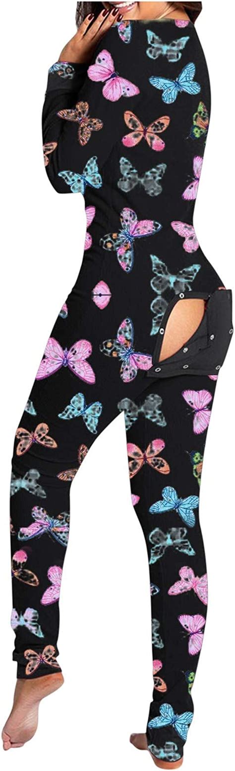 Nopeak Pajamas With Butt Flap For Women Functional Button Down Front Homewear Jumpsuit Sleepwear