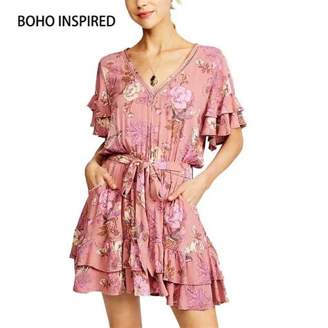 Boho Inspired Summer Dresses Ruffles Sleeve Pleated Sashes Wrap Dress