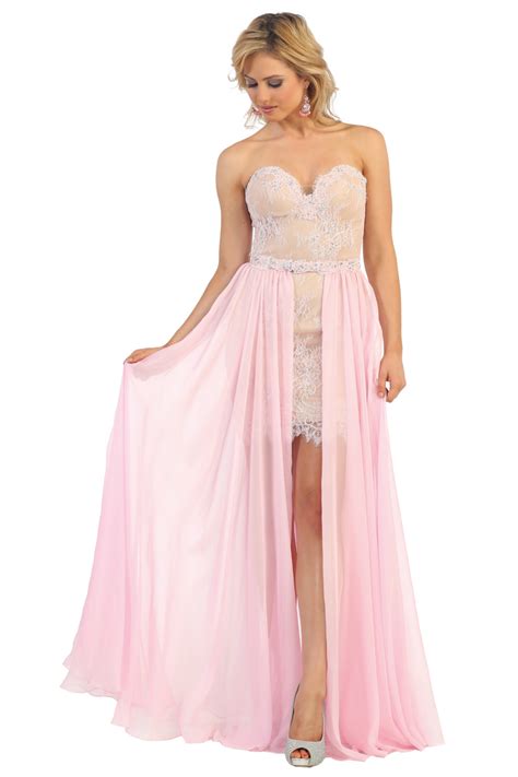 Strapless Lace Applique Chiffon Prom Dress High Low Formal With