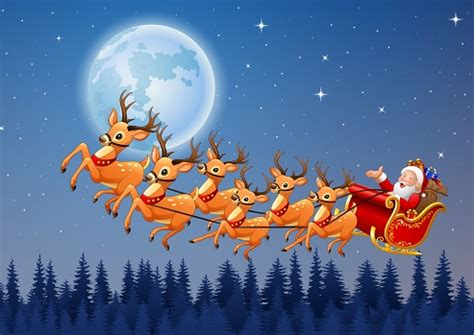 Download Santa Claus Rides Reindeer Sleigh Flying In The Sky Stock ...