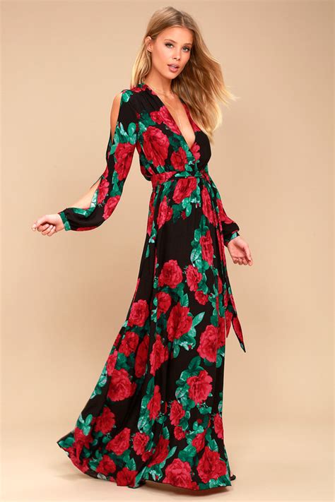 Lovely Black Floral Print Maxi Long Sleeve Maxi Dress Lulus