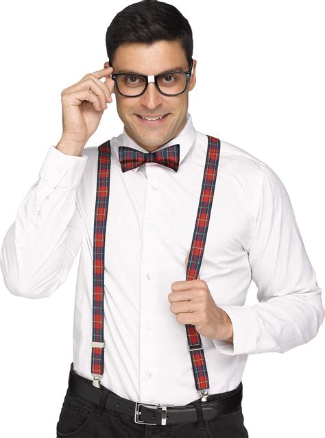 Adult Nerd Plaid Suspenders Bow Tie Geek Eye Glasses Squad Costume
