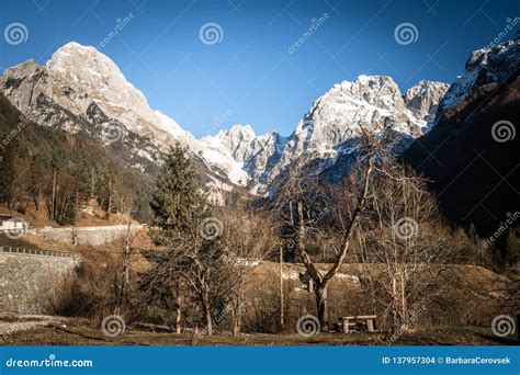 Beautiful Winter View On Julian Alps Mountain Range In Slovenia Stock