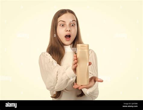 Surprised Girl Hold Shampoo Bottle Child With Conditioner Daily