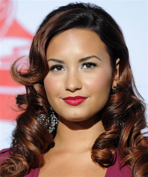 Demi Lovato Long Curly Formal Hairstyle With Side Swept Bangs Black