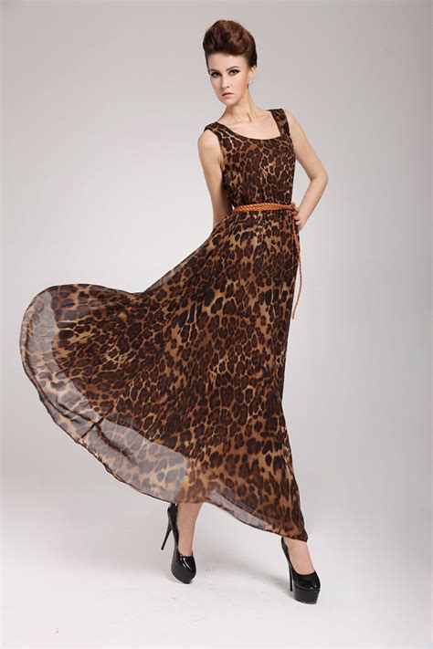 Leopard Print Chiffon Maxi Dress With Belt On Luulla