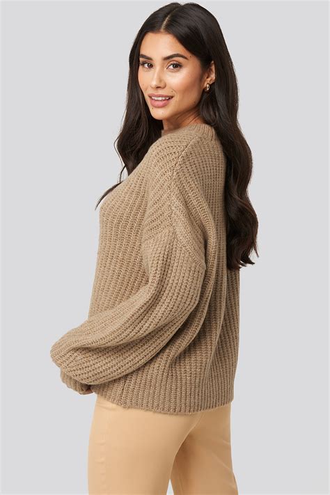 Dropped Shoulder Oversized Knitted Sweater Beige Na