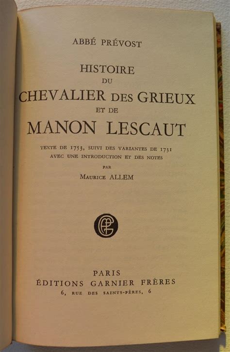 Histoire Du Chevalier Des Grieux Et De Manon Lescaut By Pr Vost Abb Tr S Bon Couverture