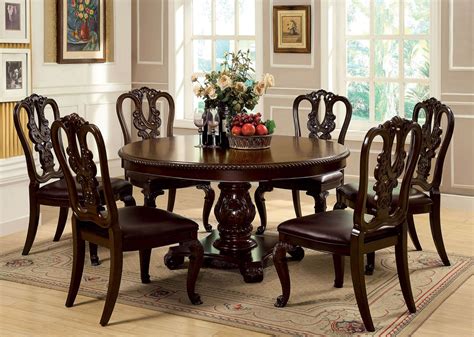 The most common dinner table chairs material is cotton. 7 Piece Bellagio Round Dining Set with Wooden Side Chair