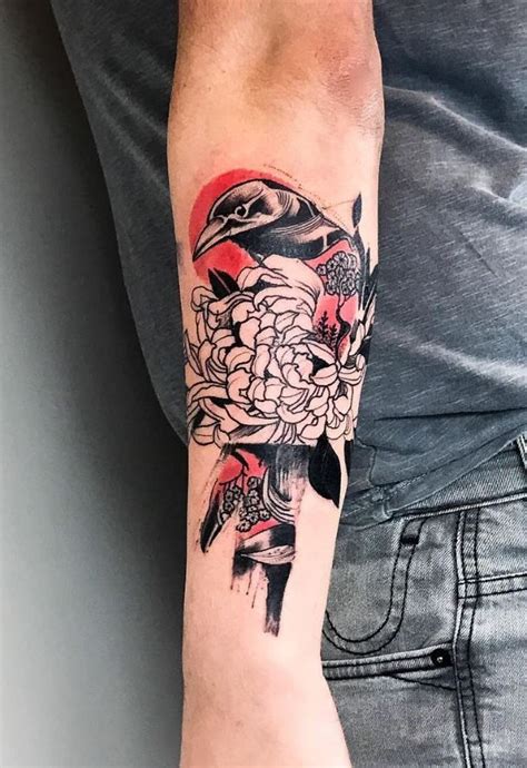 Red and grey create a powerful combination when worn together. Black & Red Crow Tattoo - InkStyleMag | Grey ink tattoos, Tattoos, Crow tattoo