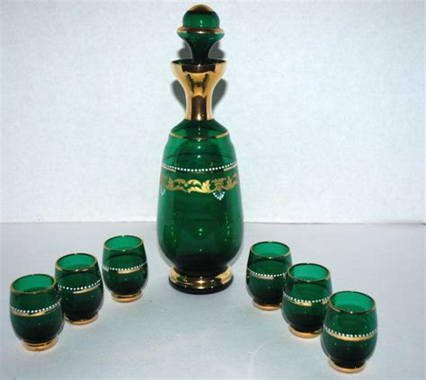 emerald green and gold glass cordial set decanter set etsy gold glass decanter set green glass