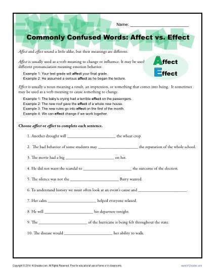 Affect Vs Effect Worksheet Commonly Confused Words