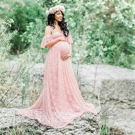 Enine Trade Photography Maternity Dress Off Shoulder Lace Long Dress