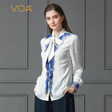 Voa White Pearl Beading Silk Blouse Plus Size 5xl Office Women Tops Ruffle Bow Ribbon Shirt
