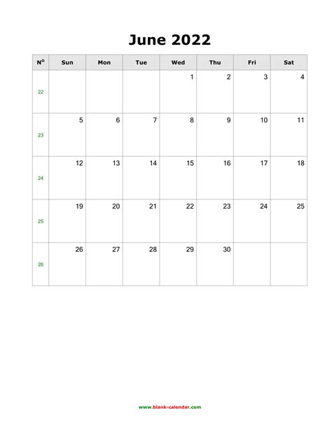 Download June 2022 Blank Calendar Vertical