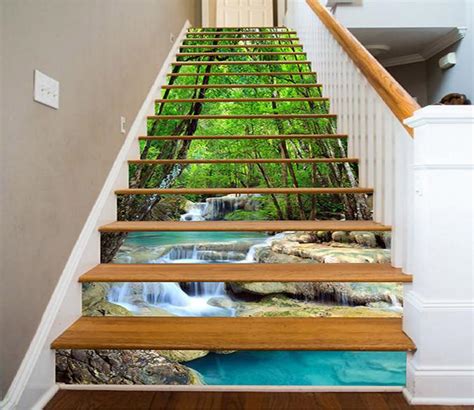 3d Green Forest Blue River 741 Stair Risers Aj Wallpaper